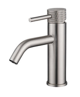Ribbed basin mixer tap with cold start brushed steel PVD