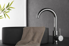 Grooved basin mixer with swivel spout and cold start chrome