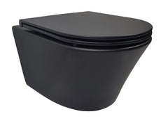 Vesta rimless wall-hung toilet with Flatline soft-close and quick-release matte black toilet seat