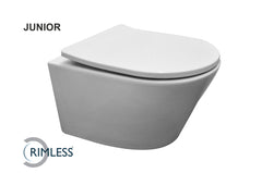 Vesta junior wall-hung rimless toilet short projection with Shade slim toilet seat soft-close and quick release glossy white