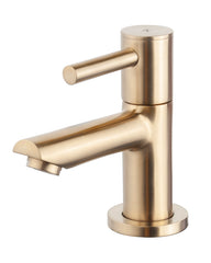 Rhea S mini washbasin with right quartz tap hole, tap, siphon and brushed brass waste plug
