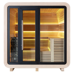 AWT Gartensauna Saunahaus THE CUBE X2 Hemlock 250x250 Harvia Holzofen