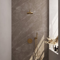 Brauer Edition inbouw regendoucheset 3-weg rond - 20cm hoofddouche - gebogen wandarm - staafhanddouche - wandhouder - Geborsteld Goud PVD