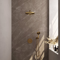 Brauer Edition inbouw regendoucheset 3-weg rond - 30cm hoofddouche - rechte wandarm - 3 standen handdouche - wandhouder - Geborsteld Goud PVD
