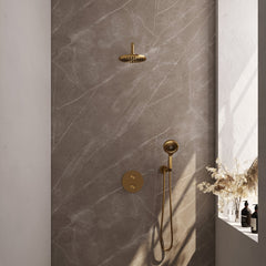 Brauer Edition inbouw regendoucheset 3-weg rond - 20cm hoofddouche - gebogen wandarm - 3 standen handdouche - wandhouder - Geborsteld Goud PVD
