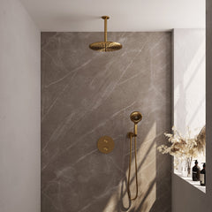 Brauer Edition inbouw regendoucheset 3-weg rond - 30cm hoofddouche - plafondarm - 3 standen handdouche - wandhouder - Geborsteld Goud PVD