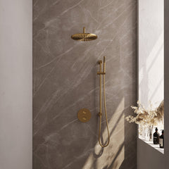 Brauer Edition inbouw regendoucheset 3-weg rond - 30cm hoofddouche - gebogen wandarm - staafhanddouche - glijstang - Geborsteld Goud PVD
