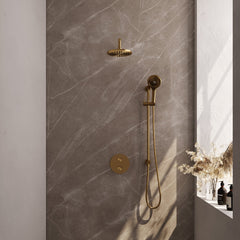 Brauer Edition inbouw regendoucheset 3-weg rond - 20cm hoofddouche - gebogen wandarm - 3 standen handdouche - glijstang - Geborsteld Goud PVD