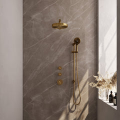 Brauer Stripe inbouw regendoucheset met 2 stopkranen - rechte wandarm - 3-standen handdouche - glijstang - Geborsteld Goud PVD
