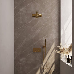 Brauer Stripe inbouw regendoucheset met drukknoppen - rechte wandarm - staafhanddouche - wandhouder - Geborsteld Goud PVD