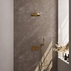 Brauer Stripe inbouw regendoucheset met drukknoppen - gebogen wandarm - staafhanddouche - wandhouder - Geborsteld Goud PVD