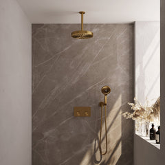 Brauer Stripe inbouw regendoucheset met drukknoppen - 20cm plafondbuis - 3-standen handdouche - wandhouder - Geborsteld Goud PVD