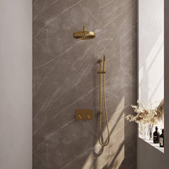 Brauer Stripe inbouw regendoucheset met drukknoppen - gebogen wandarm - staafhanddouche - glijstang - Geborsteld Goud PVD
