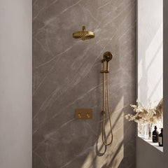 Brauer Stripe inbouw regendoucheset met drukknoppen - rechte wandarm - 3-standen handdouche - glijstang - Geborsteld Goud PVD
