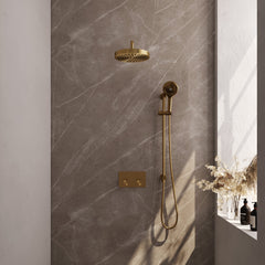 Brauer Stripe inbouw regendoucheset met drukknoppen - gebogen wandarm - 3-standen handdouche - glijstang - Geborsteld Goud PVD