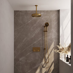 Brauer Stripe inbouw regendoucheset met drukknoppen - 20cm plafondbuis - 3-standen handdouche - glijstang - Geborsteld Goud PVD