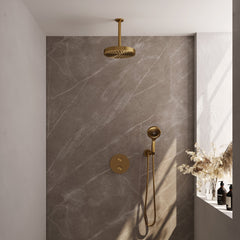 Brauer Stripe inbouw regendoucheset rond - 20cm plafondbuis - 3-standen handdouche - wandhouder - Geborsteld Goud PVD