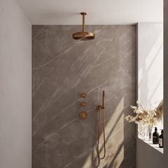 Brauer Stripe inbouw regendoucheset met 2 stopkranen - 20cm plafondbuis - staafhanddouche - wandhouder - Geborsteld Koper PVD