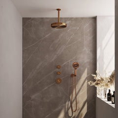 Brauer Stripe inbouw regendoucheset met 2 stopkranen - 20cm plafondbuis - 3-standen handdouche - wandhouder - Geborsteld Koper PVD