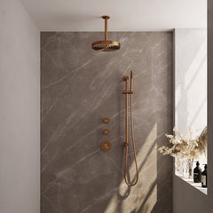 Brauer Stripe inbouw regendoucheset met 2 stopkranen - 20cm plafondbuis - staafhanddouche - glijstang - Geborsteld Koper PVD