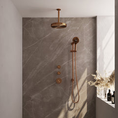 Brauer Stripe inbouw regendoucheset met 2 stopkranen - 20cm plafondbuis - 3-standen handdouche - glijstang - Geborsteld Koper PVD