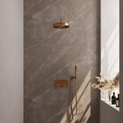 Brauer Stripe inbouw regendoucheset met drukknoppen - gebogen wandarm - staafhanddouche - wandhouder - Geborsteld Koper PVD