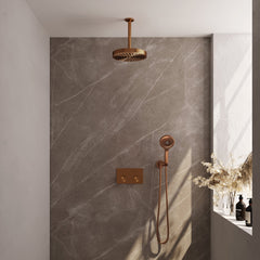 Brauer Stripe inbouw regendoucheset met drukknoppen - 20cm plafondbuis - 3-standen handdouche - wandhouder - Geborsteld Koper PVD