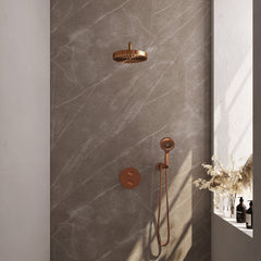 Brauer Stripe inbouw regendoucheset rond - gebogen wandarm - 3-standen handdouche - wandhouder - Geborsteld Koper PVD