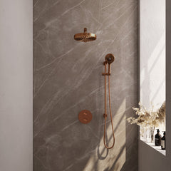 Brauer Stripe inbouw regendoucheset rond - rechte wandarm - 3-standen handdouche - glijstang - Geborsteld Koper PVD