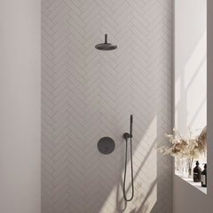 Brauer Edition inbouw regendoucheset 3-weg rond - 20cm hoofddouche - gebogen wandarm - staafhanddouche - wandhouder - Geborsteld Gunmetal PVD