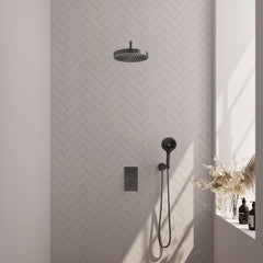 Brauer Stripe thermostatische inbouw regendouche rechthoekig - gebogen wandarm - 3-standen handdouche - wandhouder - Geborsteld Gunmetal PVD