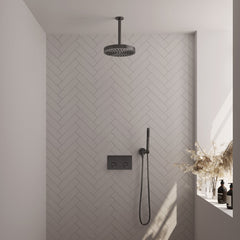 Brauer Stripe inbouw regendoucheset met drukknoppen - 20cm plafondbuis - staafhanddouche - wandhouder - Geborsteld Gunmetal PVD