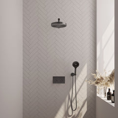 Brauer Stripe inbouw regendoucheset met drukknoppen - rechte wandarm - 3-standen handdouche - wandhouder - Geborsteld Gunmetal PVD