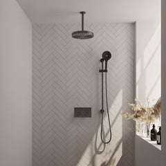 Brauer Stripe inbouw regendoucheset met drukknoppen - 20cm plafondbuis - 3-standen handdouche - glijstang - Geborsteld Gunmetal PVD
