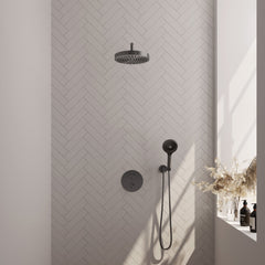 Brauer Stripe inbouw regendoucheset rond - gebogen wandarm - 3-standen handdouche - wandhouder - Geborsteld Gunmetal PVD