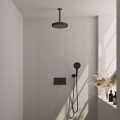 Brauer Stripe inbouw regendoucheset met drukknoppen - 20cm plafondbuis - 3-standen handdouche - wandhouder - Mat Zwart