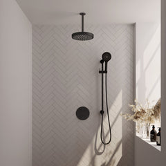 Brauer Stripe inbouw regendoucheset rond - 20cm plafondbuis - 3-standen handdouche - glijstang - Mat Zwart