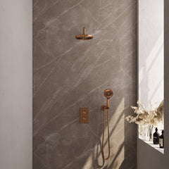 Brauer Edition inbouwset met 3-weg thermostaat - hoofddouche 20cm - gebogen wandarm 40cm - ronde 3-standen handdouche - wandaansluiting - Geborsteld Koper PVD