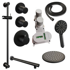 BRAUER Black Edition thermostatische inbouw regendouche SET 19 met 20 cm douchekop en rechte muurarm en 3-standen handdouche en doucheslang en geïntegreerde glijstang mat zwart