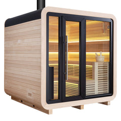 AWT Gartensauna Saunahaus THE CUBE X2 Hemlock 250x250 Harvia Holzofen