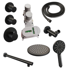 BRAUER Black Edition thermostatische inbouw regendouche SET 07 met 20 cm douchekop en rechte muurarm en 3-standen handdouche en doucheslang en wandaansluitbocht mat zwart