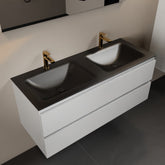 MONDIAZ AIVY 120cm badmeubel Talc, wastafel Urban solid surface dubbel 2 kraangaten met spiegel