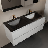 MONDIAZ AIVY 120cm badmeubel Talc, wastafel Urban solid surface dubbel 2 kraangaten met spiegelkast