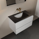 MONDIAZ AIVY 80cm badmeubel Talc, wastafel Urban solid surface midden zonder kraangat met spiegel