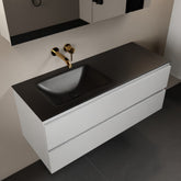 MONDIAZ AIVY 120cm badmeubel Talc, wastafel Urban solid surface links zonder kraangat met spiegelkast