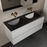 MONDIAZ AIVY 120cm badmeubel Talc, wastafel Urban solid surface dubbel zonder kraangat met spiegelkast