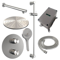 BRAUER Brushed Carving thermostatische inbouw regendouche 3-weg rond SET 92 met 30 cm douchekop en rechte muurarm en 3-standen handdouche en doucheslang en geïntegreerde glijstang RVS geborsteld PVD