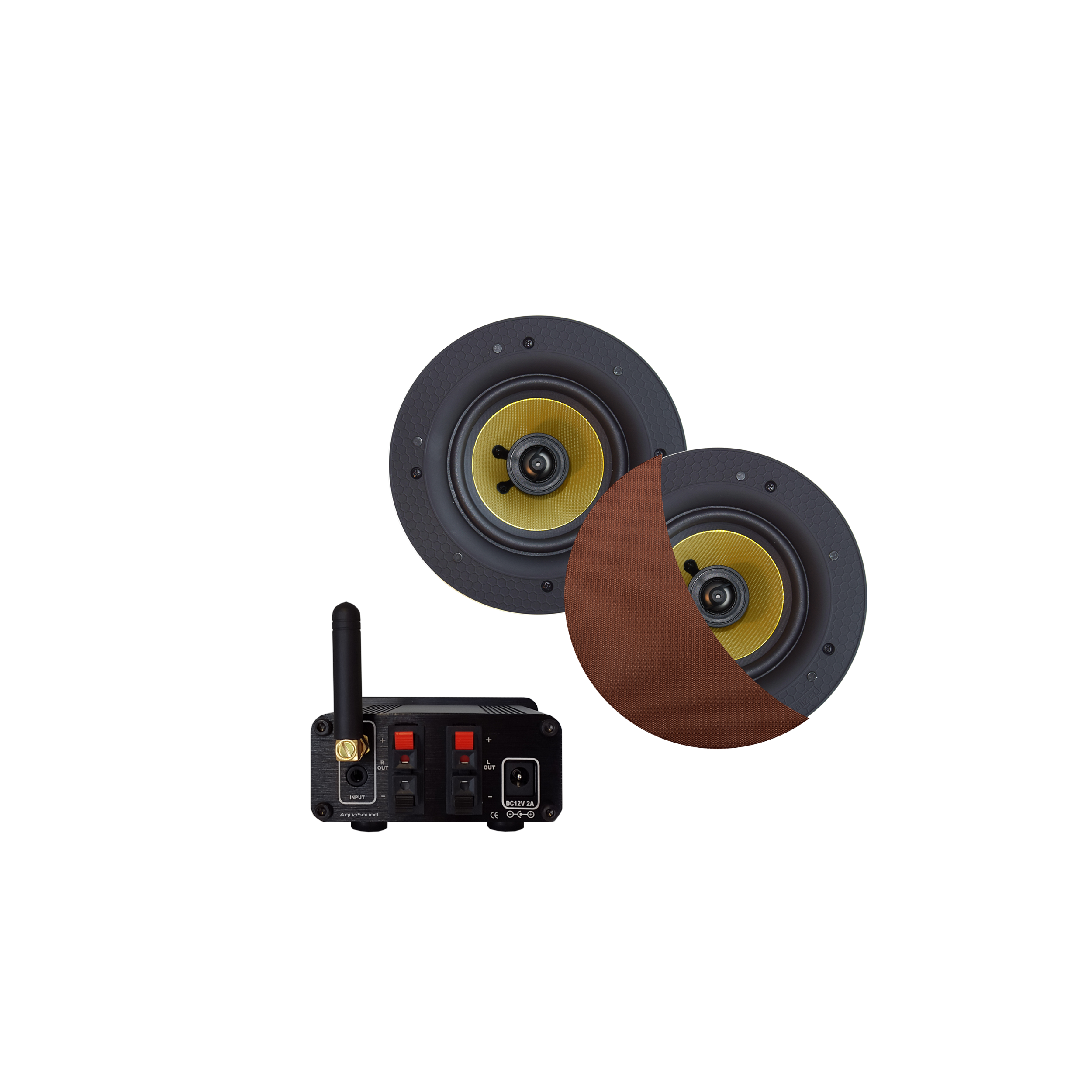 BLUETOOTH AUDIOSYSTEEM (30 WATT / BT4.0 / AUTO-AUX) MET RUMBA SPEAKERSET (BRUSHED COPPER), 230V/12V