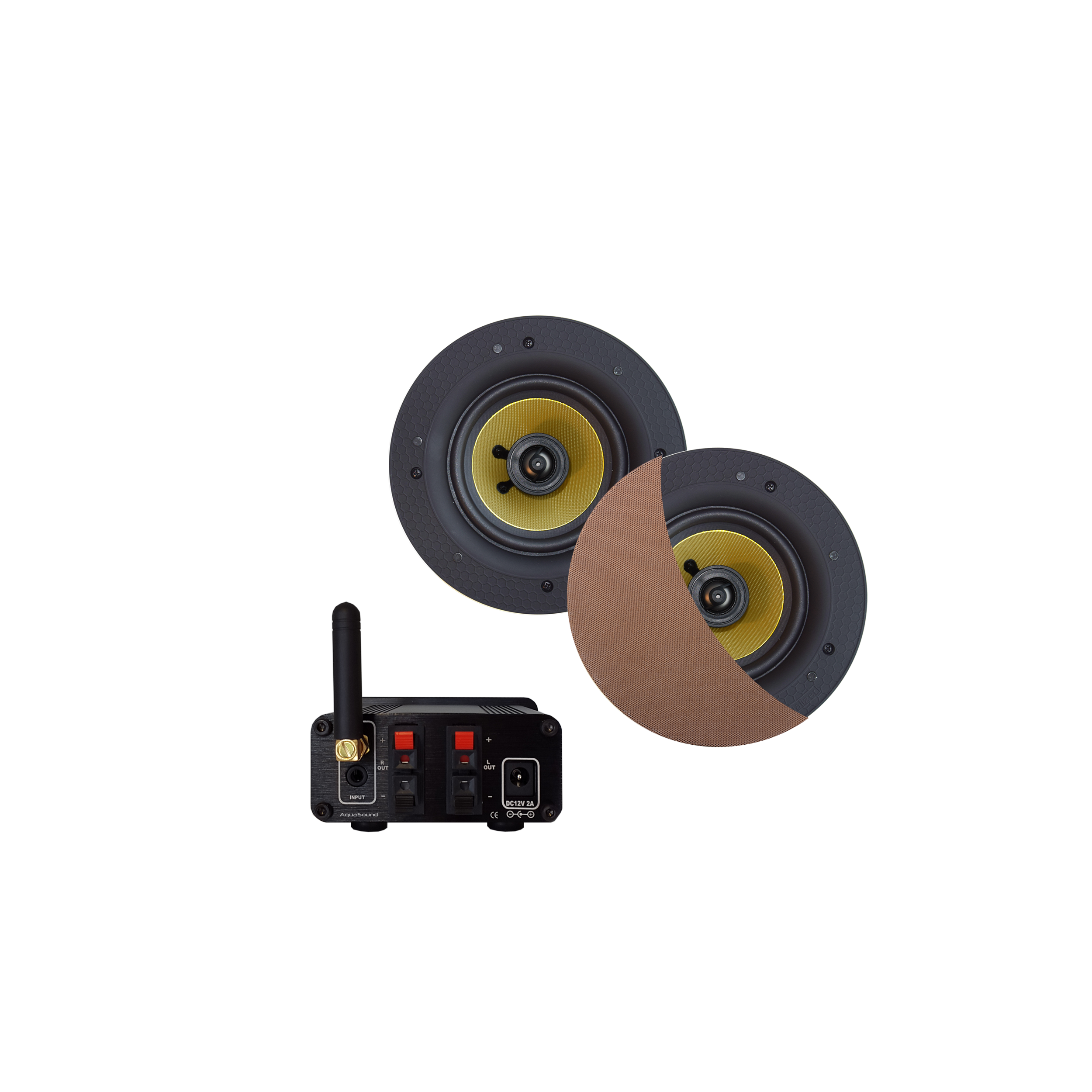 BLUETOOTH AUDIOSYSTEEM (30 WATT / BT4.0 / AUTO-AUX) MET RUMBA SPEAKERSET (BRUSHED RED GOLD), 230V/12V