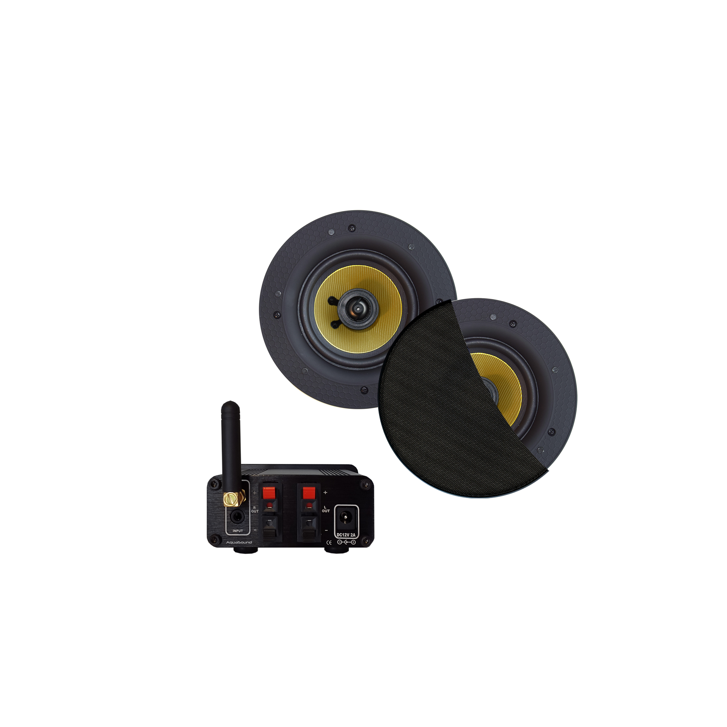 BLUETOOTH AUDIOSYSTEEM (30 WATT / BT4.0 / AUTO-AUX) MET RUMBA SPEAKERSET (MAT ZWART), 230V/12V